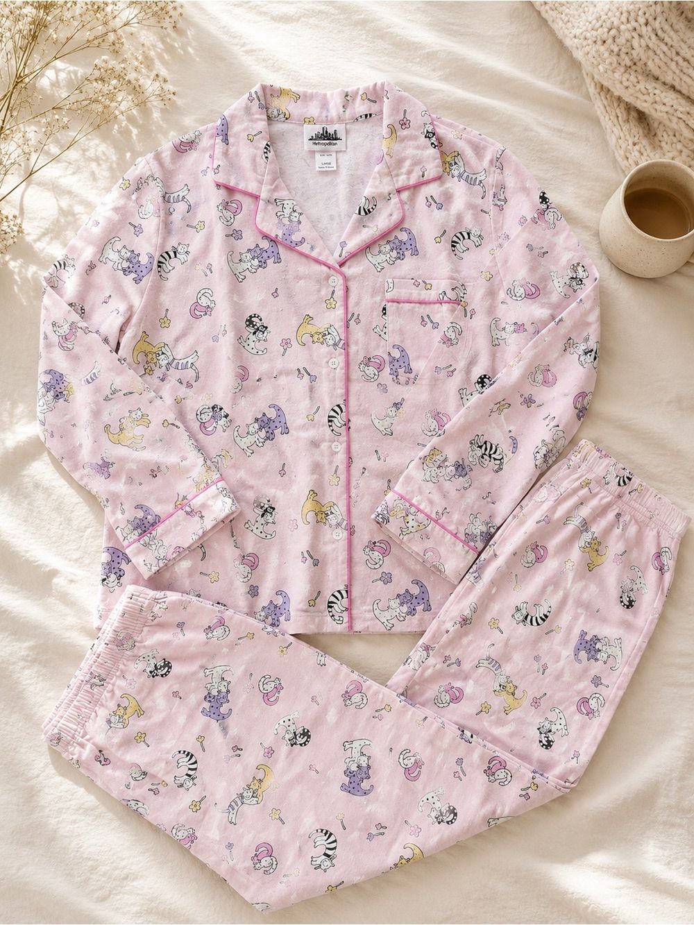 100% Cotton Pink Unicorn & Cat Print Pajama Set
